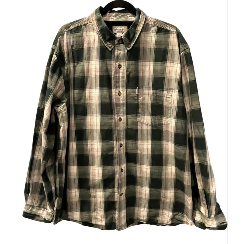 Carhartt Relaxed Fit Size XL Green Gray Plaid Button Down Long Sleeve Shirt